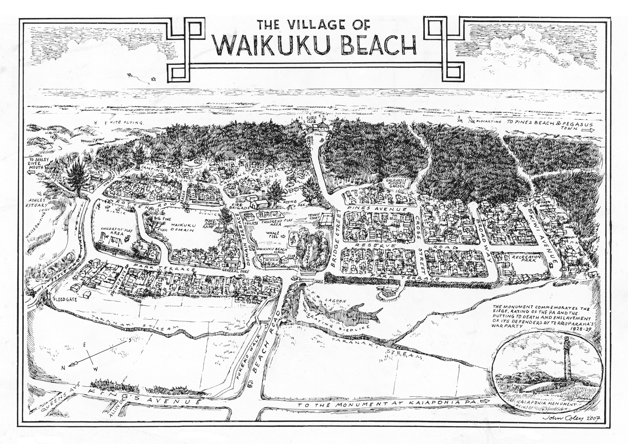 John Coley's 2007 illustrated map of Waikuku Beach, depicting village streets, the coastline, Domain, community facilities and surrounding landscape.