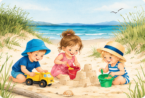 Supplied Playgroup illustration showing children playing with sand toys on a beach.