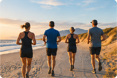 Running Club illustration showing a group running along a beach.