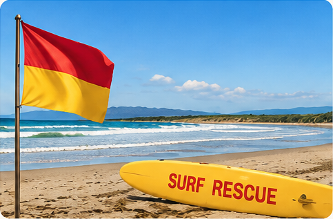Supplied Surf Club picture showing a red-and-yellow surf lifesaving flag and yellow rescue board on a beach.